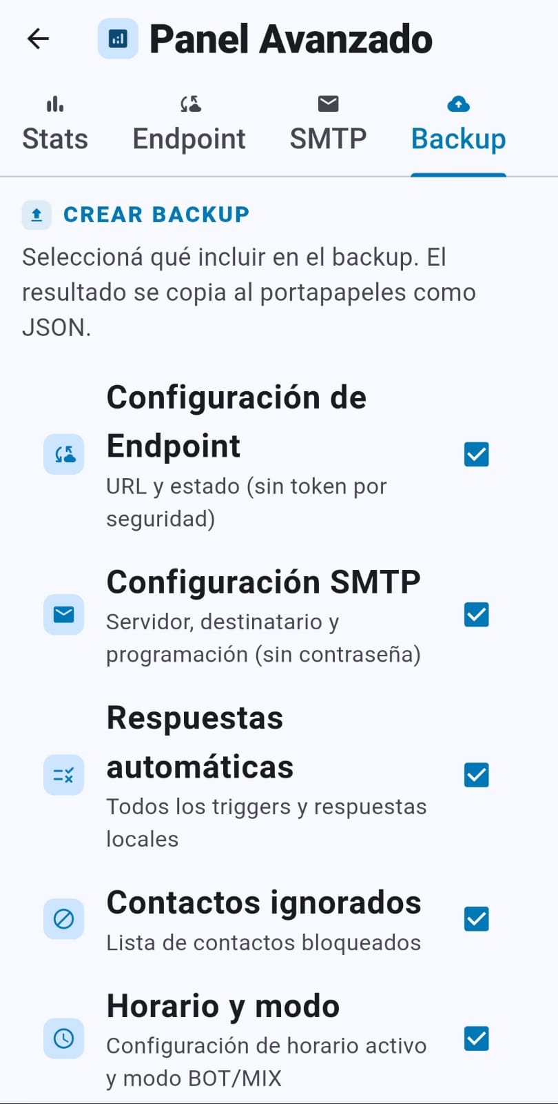 Panel avanzado de WAnswer con opciones de backup y restore de configuración