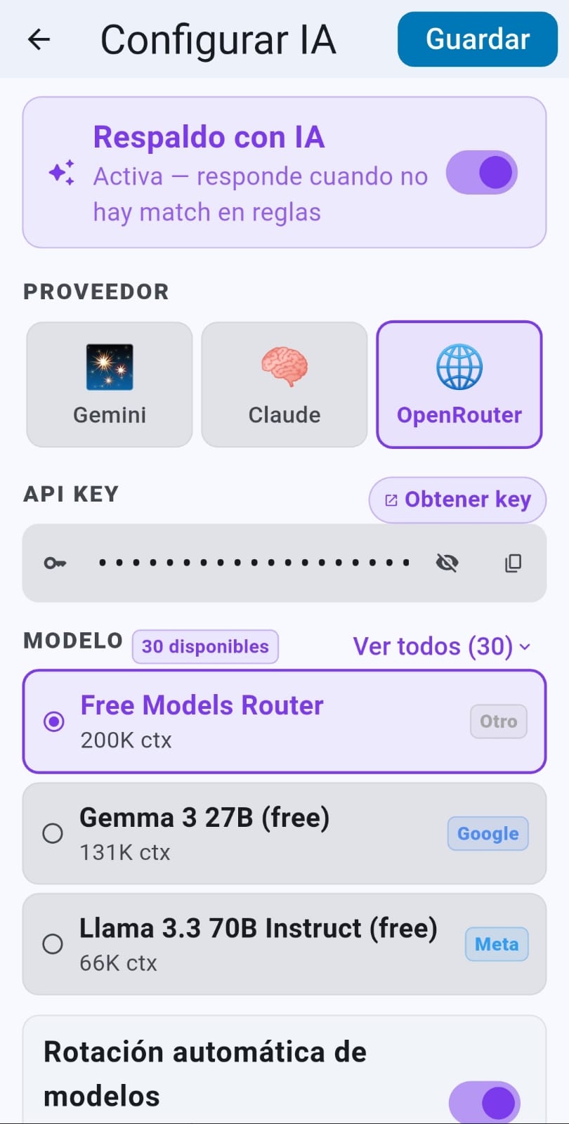 Configuración de inteligencia artificial en WAnswer con selección de proveedor y modelo
