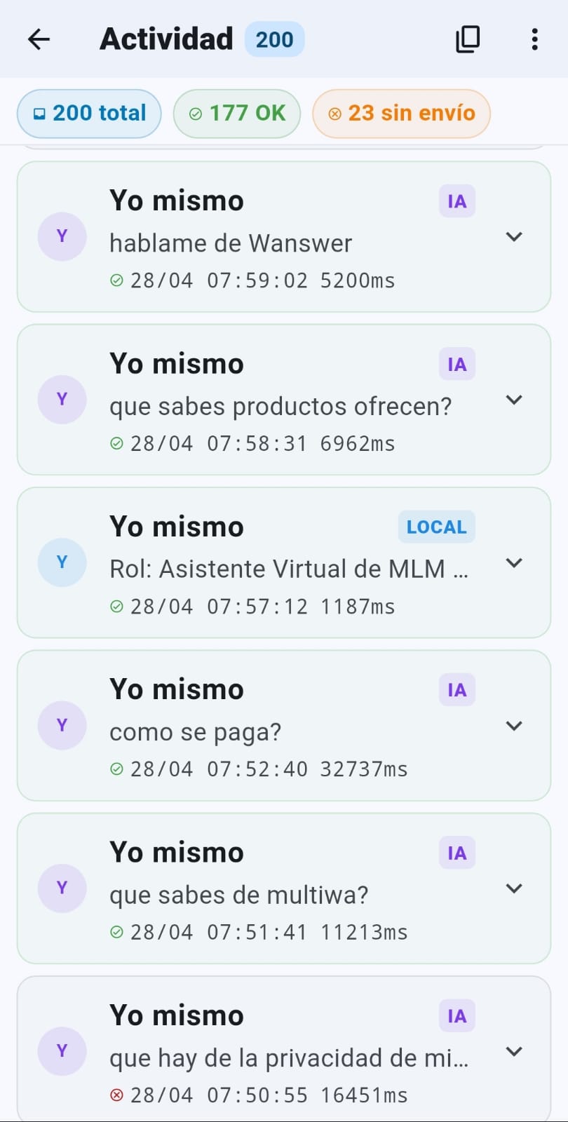 Log de actividad de WAnswer mostrando historial de mensajes con fuente y estado de envío